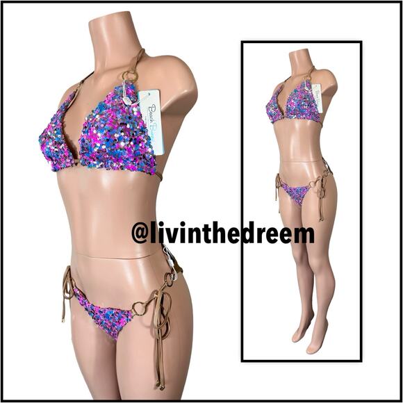 Beach Bunny Paparazzi Triangle Top XL & Tie Side Bottom M- Blue/Pink $270 - Picture 4 of 14